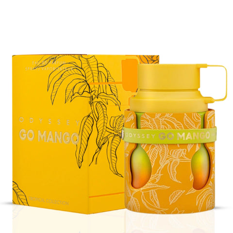 Collection of six 100ml Mango fragrance sprays including Odyssey Go Mango, Bubbliz Mango Pop, Yara Tous, Mango Musk, and Aura Manga Splash.