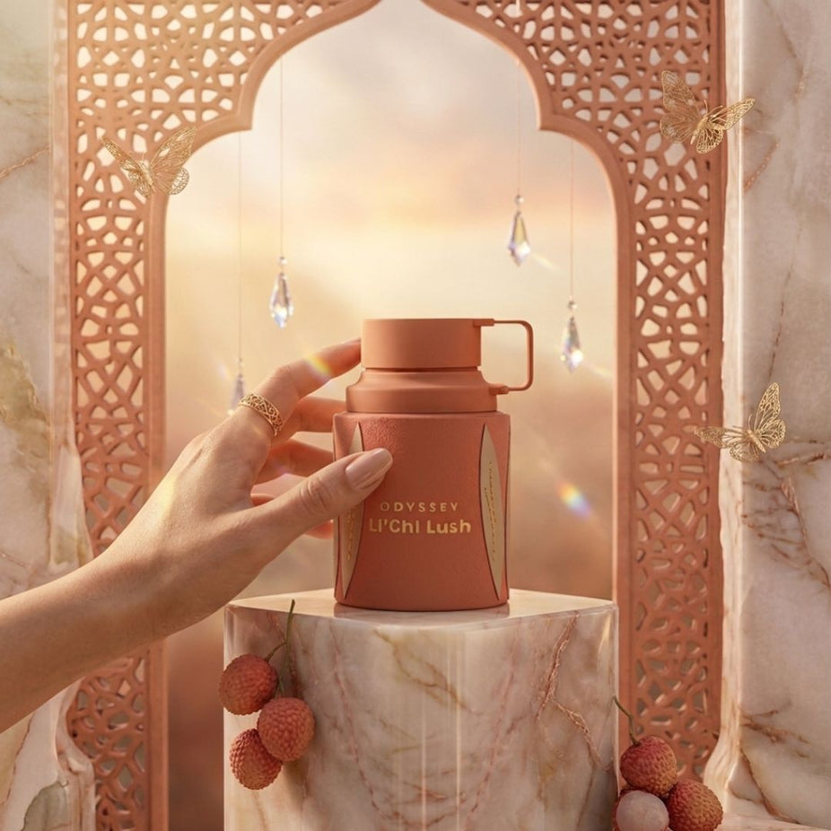 Odyssey Li'chi Lush Eau de Parfum spray by Armaf, 100ml bottle, with elegant packaging and fragrance details visible.