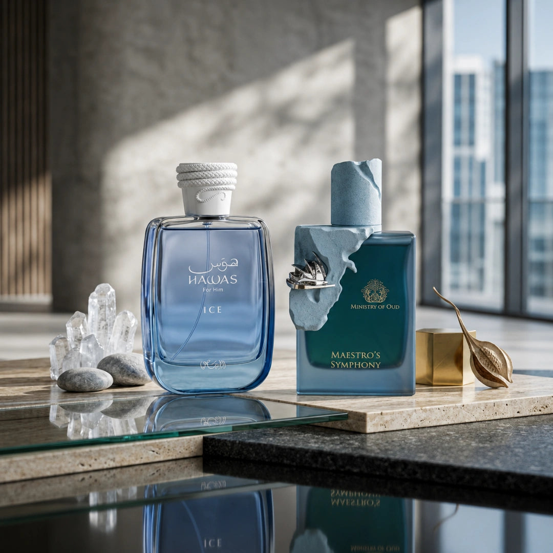 Bundle of Ministry of Oud Maestro's Symphony and Rasasi Hawas Ice Eau de Parfum sprays for men, featuring luxurious fragrance bottles.