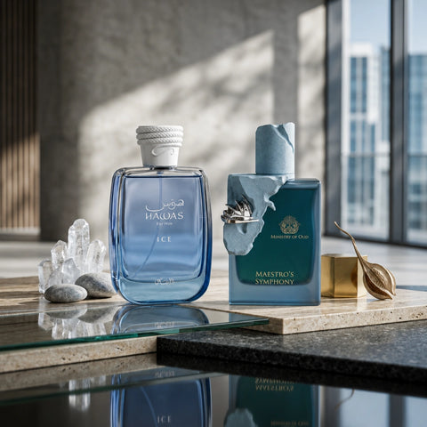 Bundle of Ministry of Oud Maestro's Symphony and Rasasi Hawas Ice Eau de Parfum sprays for men, featuring luxurious fragrance bottles.