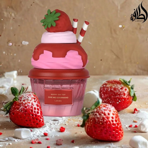 Lattafa Berry on Top Eau de Parfum spray in 75ml bottle with velvet pouch, featuring a vibrant berry fragrance design.