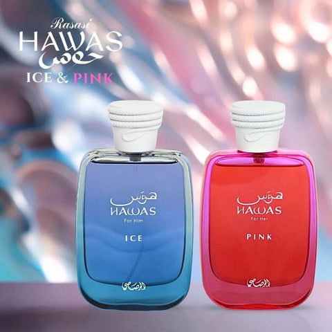 Rasasi Hawas Ice for Him and Hawas Pink for Her 100ml perfume spray bundle, featuring sleek bottles with elegant designs.