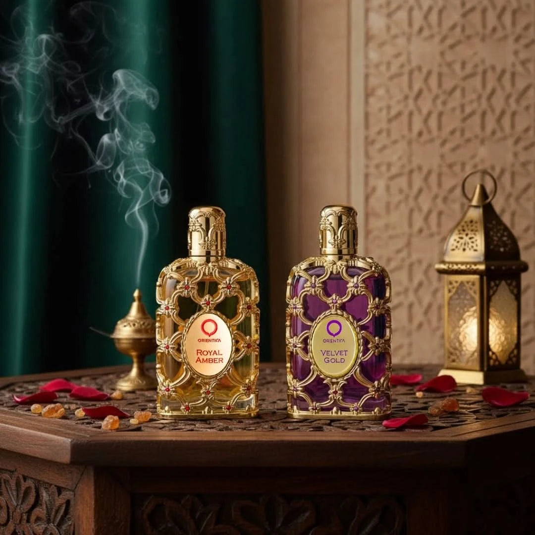 Orientica Royal Amber & Velvet Gold Eau de Parfum spray 80ml bottle with luxurious amber and velvet scent details.
