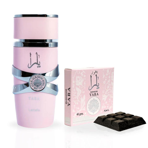 Lattafa Yara Eau de Parfum spray 100ml and Ard Al Zaafaran Yara Bukhoor 40g bundle, featuring elegant perfume and traditional incense.