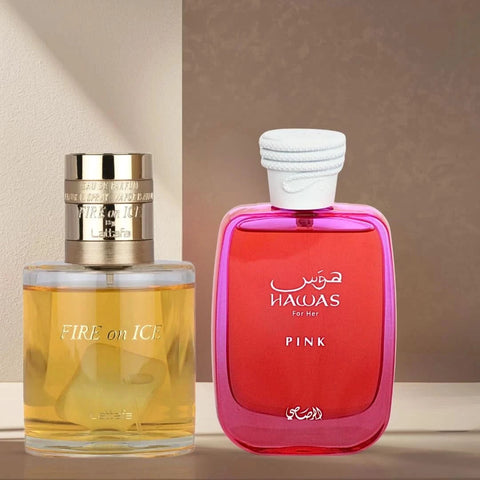 Lattafa Fire On Ice 110ml and Rasasi Hawas Pink 100ml Eau de Parfum sprays in a bundle, with sleek bottles and vibrant labels.