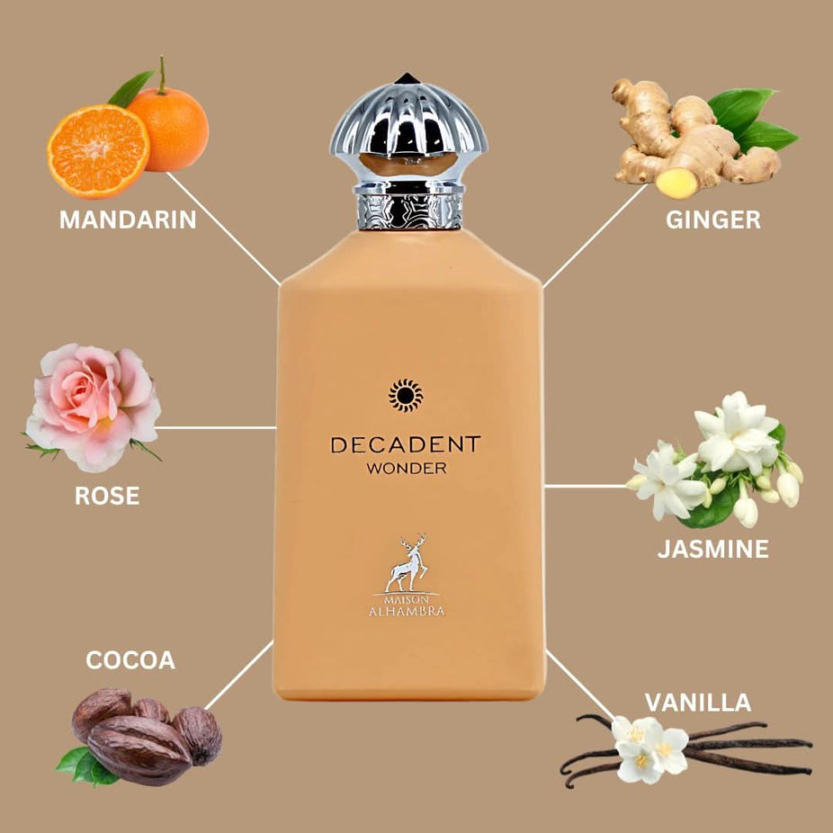 Maison Alhambra Decadent Wonder Eau de Parfum spray 100ml bottle with elegant packaging and floral design.