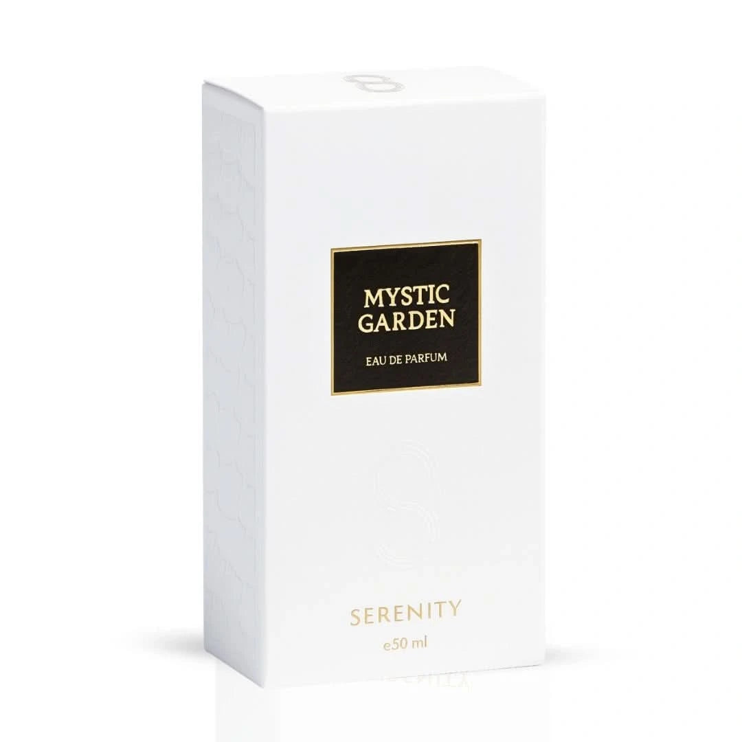 Serenity Mystic Garden Eau de Parfum spray 50ml with floral and herbal notes, elegant bottle, and intricate design.