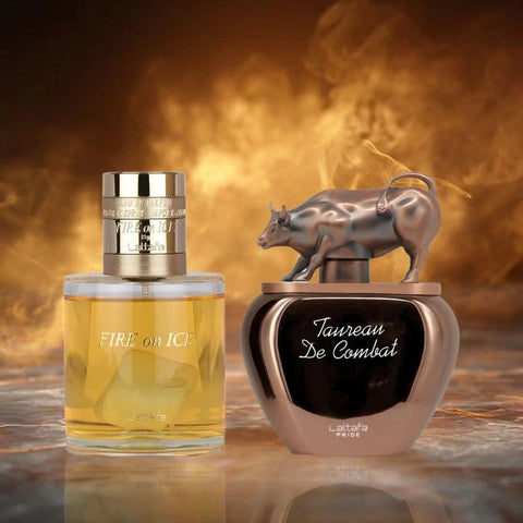 Lattafa Fire On Ice 110ml and Taureau De Combat 100ml Eau de Parfum sprays in a bundle, with sleek glass bottles and spray caps.