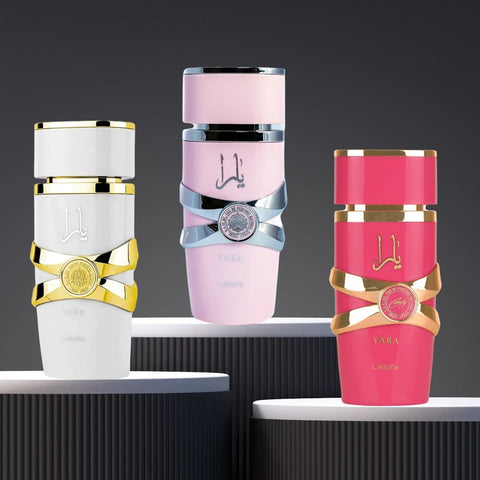 Lattafa Yara Candy and Yara Moi Eau de Parfum spray bundle, 100ml each, featuring elegant perfume bottles with colorful caps.