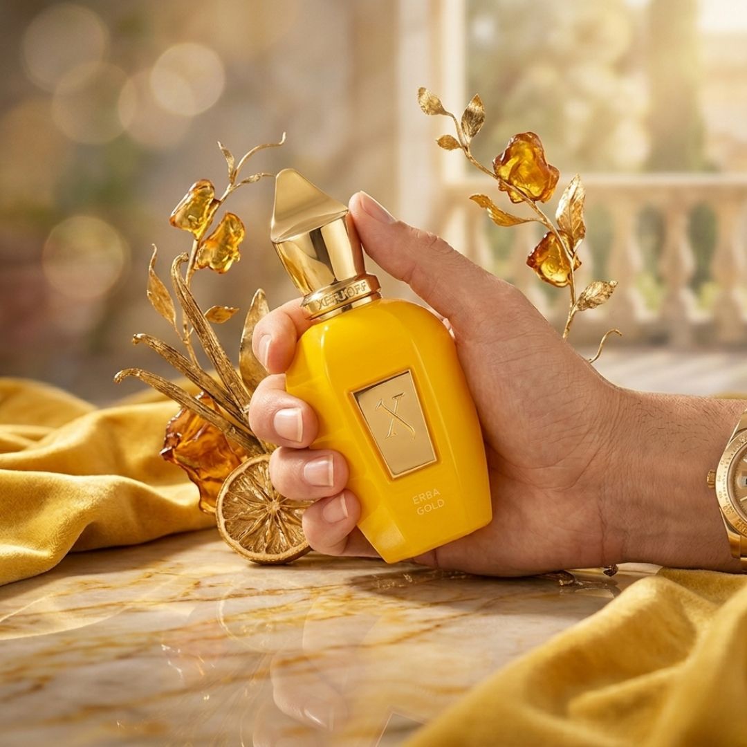 Xerjoff Erba Gold Eau de Parfum Spray 100ml bottle with elegant gold accents and clear glass design.