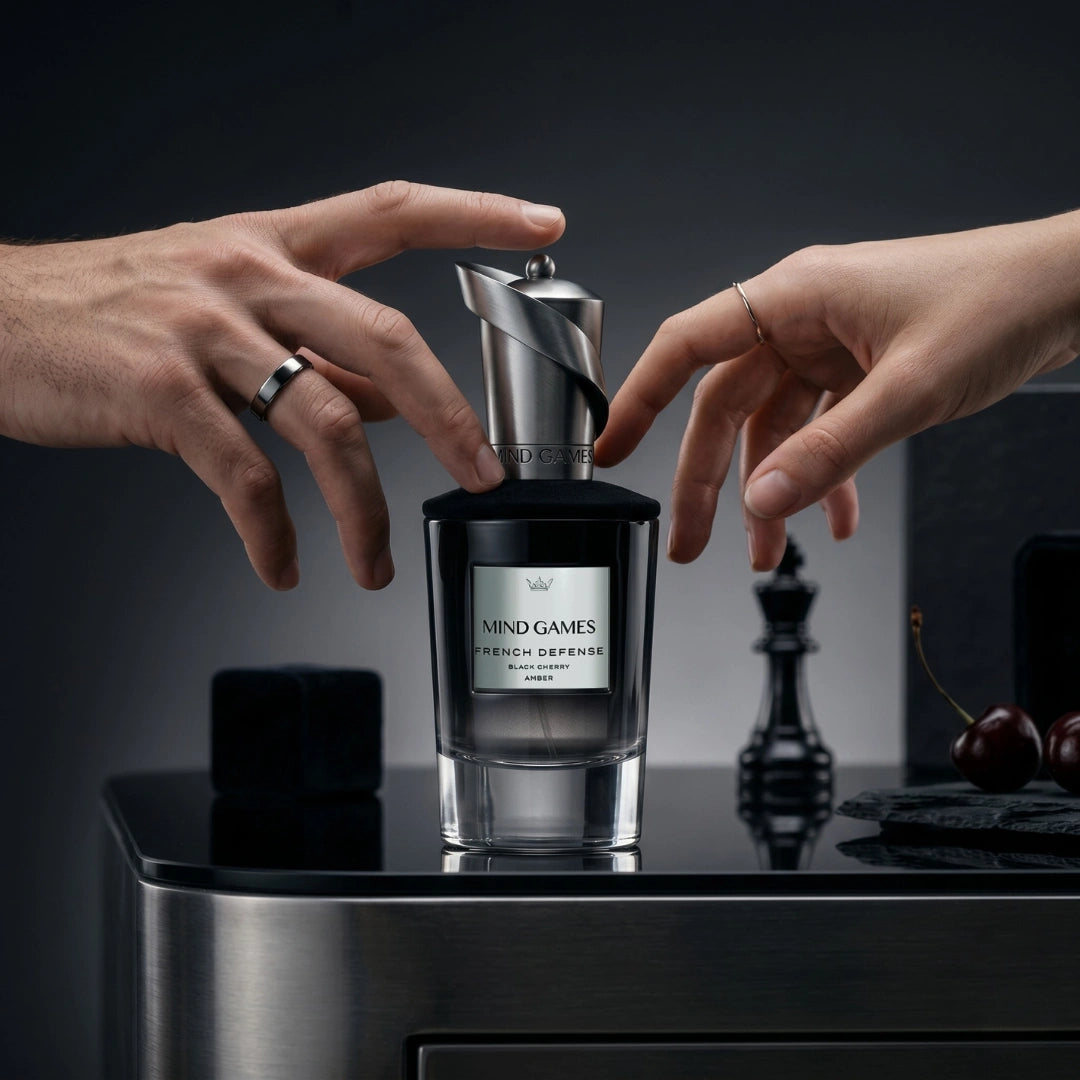 French Defense Extrait de Parfum 100ml by Mind Games, elegant EDP bottle with a sleek design and black cap.