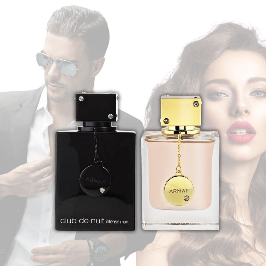 Armaf Club De Nuit Intense Men EDT and Club De Nuit Women EDP in 105ml bottles, showcasing the packaging and fragrance bottles side by side.