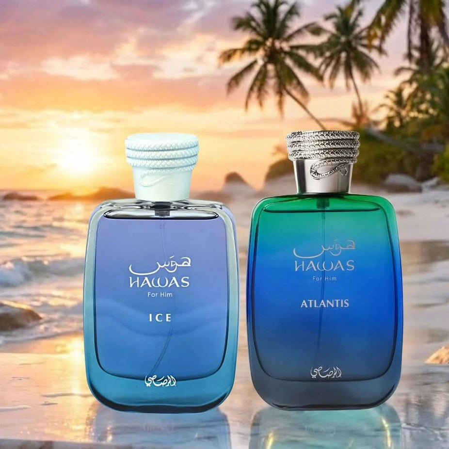 Rasasi Hawas Ice and Hawas Atlantis Eau de Parfum sprays in a 100ml bundle, featuring sleek bottles with elegant fragrance packaging.