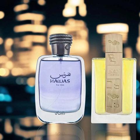 Bundle of two Intense Oud Eau de Parfum sprays: Hawas for Him by Rasasi and Angham by Lattafa in 100ml bottles.