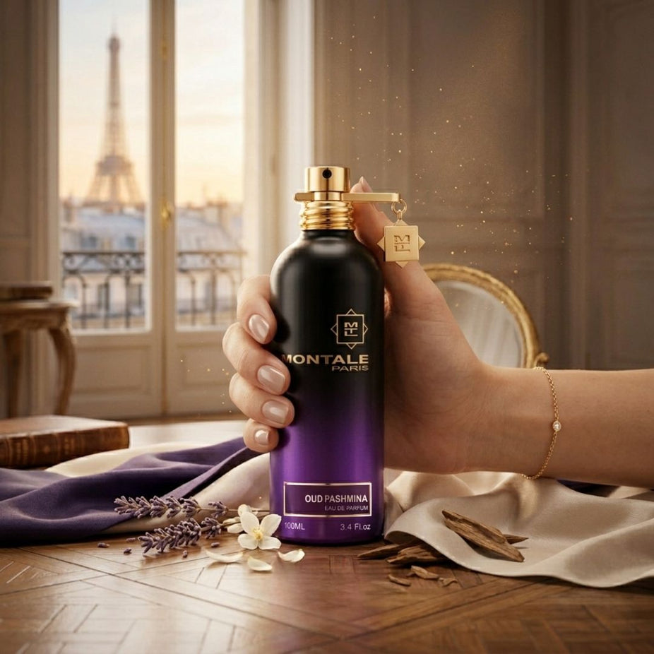 Montale Oud Pashmina Eau de Parfum spray 100ml bottle with elegant packaging and a sleek, luxurious design.
