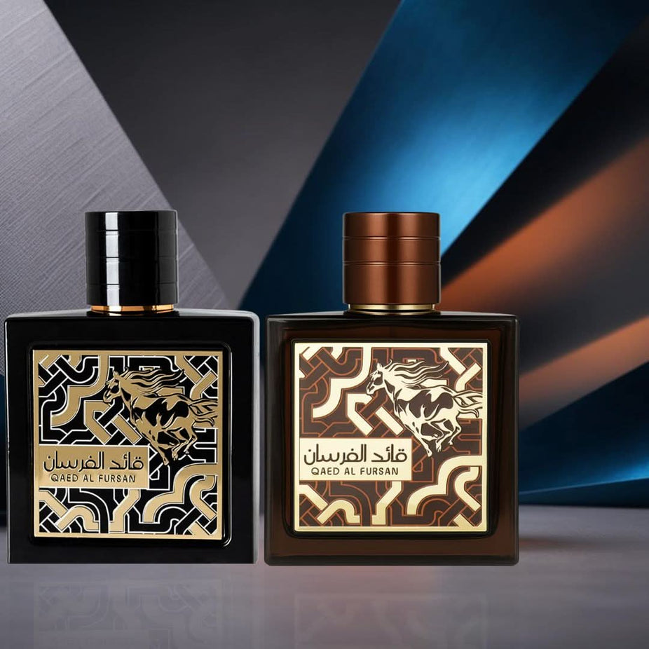Lattafa Qaed Al Fursan & Untamed Eau de Parfum spray bundle, 90ml each, featuring elegant fragrance bottles with gold accents.