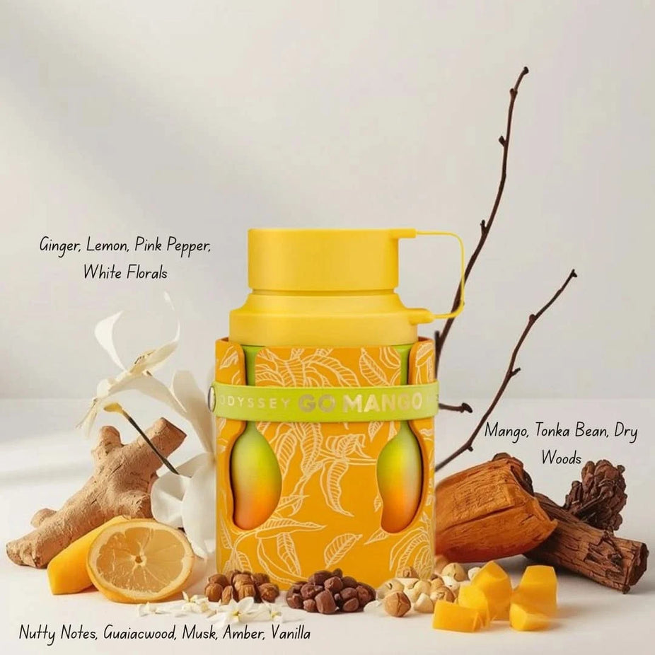 Odyssey Go Mango Tropical Collection Eau de Parfum spray by Armaf, 100ml, featuring a vibrant mango tropical fragrance.