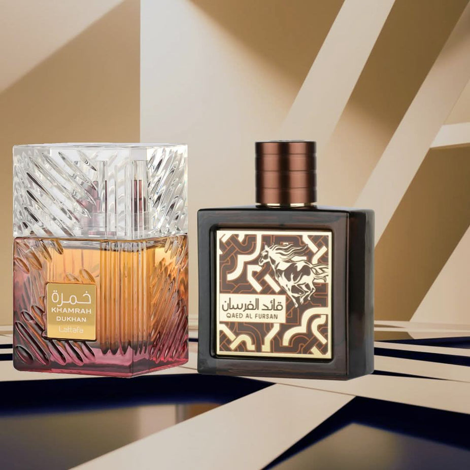 Lattafa Khamrah Dukhan 100ml and Qaed Al Fursan Untamed 90ml Eau de Parfum sprays in a bundle, with bottles displayed side by side.