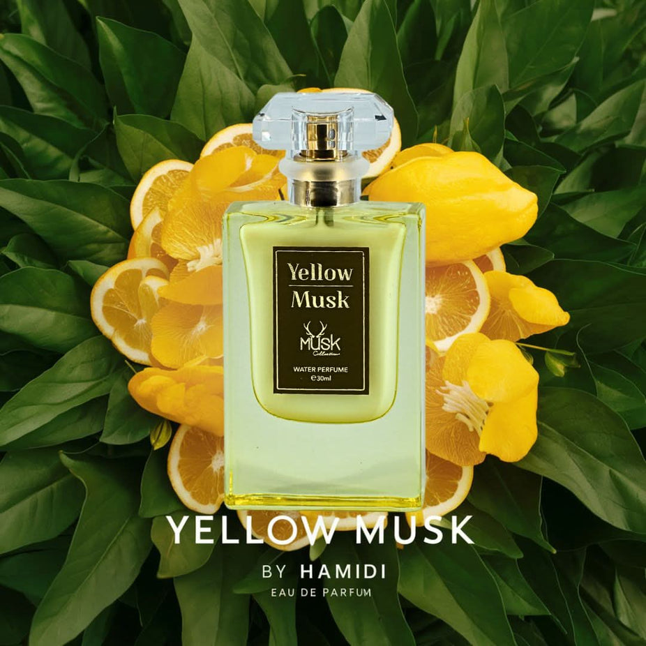 Hamidi Yellow Musk Water Perfume spray 30ml bottle with vibrant yellow packaging, showcasing the refreshing fragrance.