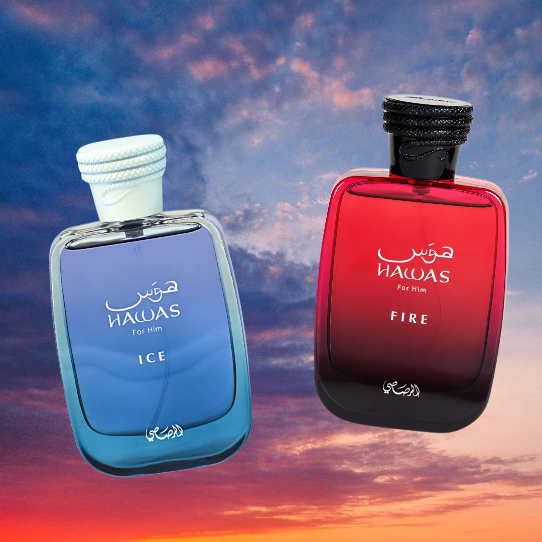 Hawas Ice For Him & Hawas Fire Eau De Parfum Sprays 100ML (3.4 OZ) By Rasasi | Fresh, Bold & Fiery Fragrances For A Lasting Impression. (ICE N FIRE BUNDLE) - Intense Oud