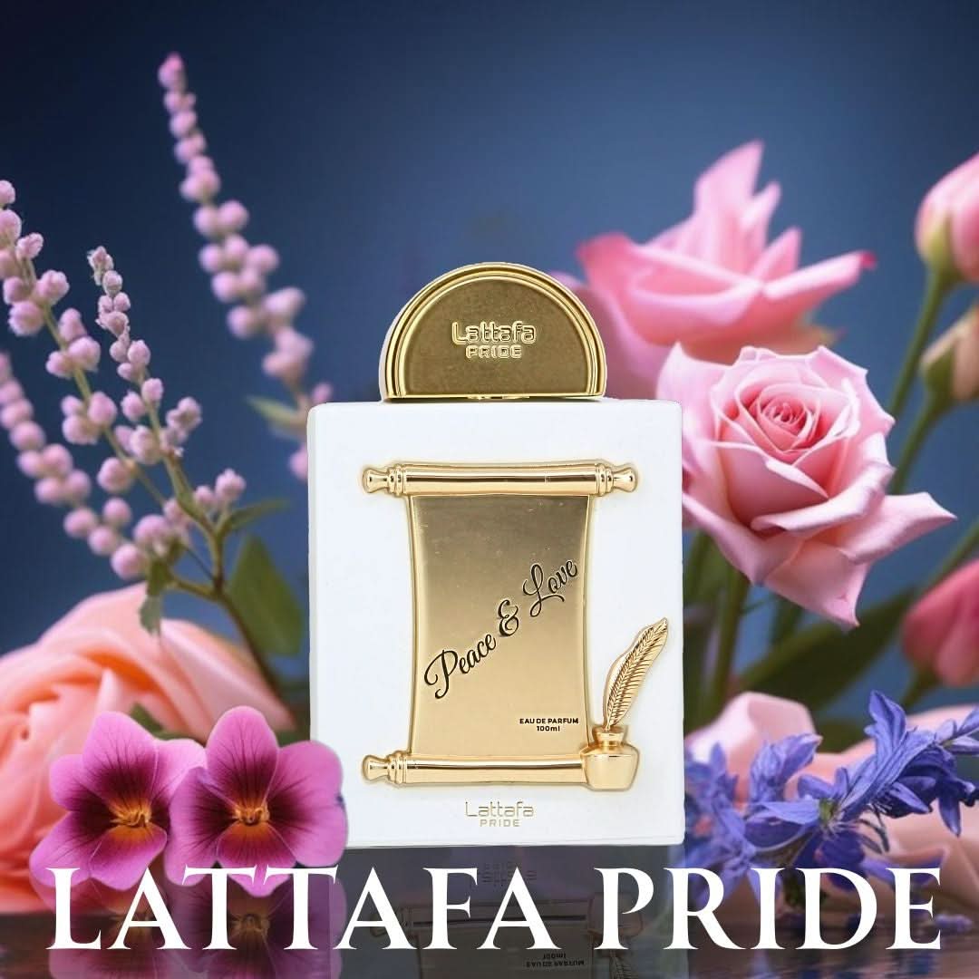 Lattafa Peace & Love Eau de Parfum spray 100ml with velvet pouch, featuring elegant bottle design and floral fragrance.