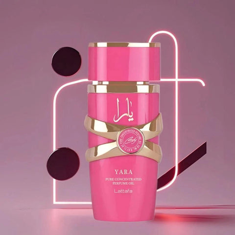 Yara Candy Concentrated Perfume Oil by Lattafa in 20ml bottle, featuring a sleek transparent container with gold accents.