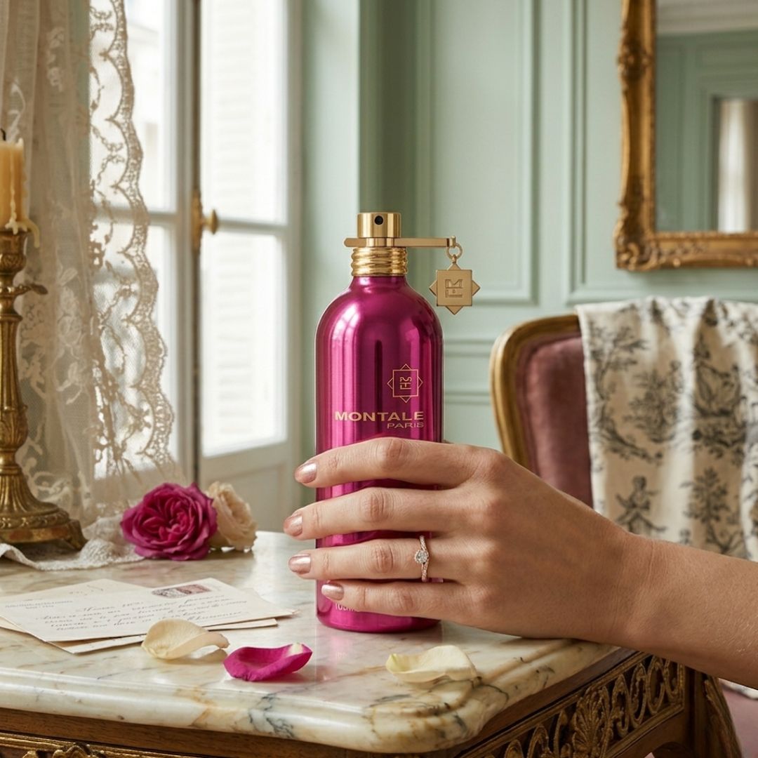 Montale Roses Musk Eau de Parfum spray bottle, 100ml, featuring a sleek design with pink roses and elegant branding.