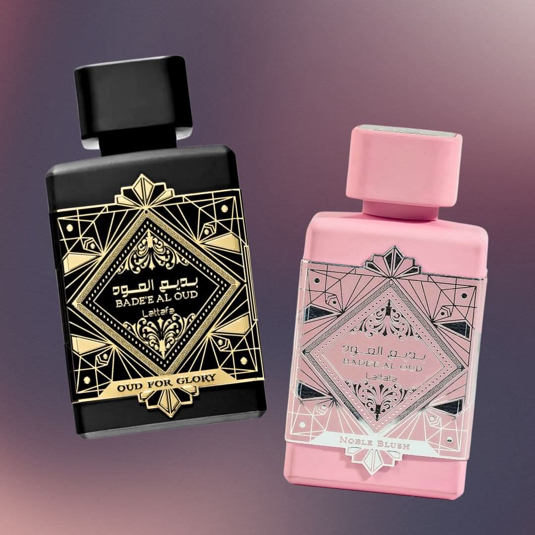 Lattafa Bade'e Al Oud Glory and Noble Blush Eau de Parfum spray bundle, 100ml each, with elegant bottles and decorative packaging.