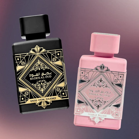 Lattafa Bade'e Al Oud Glory and Noble Blush Eau de Parfum spray bundle, 100ml each, with elegant bottles and decorative packaging.