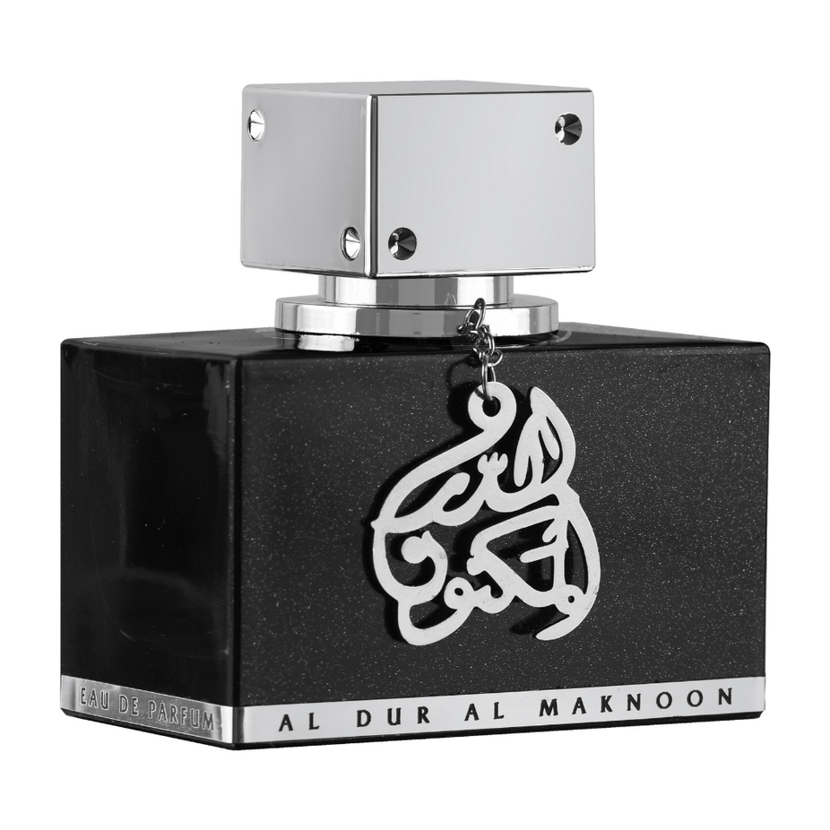 Lattafa Al Dur Al Maknoon Silver men's EDP 100ml in velvet pouch, featuring sleek bottle design and elegant packaging.