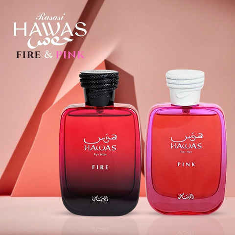 Hawas Fire For Him & Hawas Pink For Her Eau de Parfum Sprays 100ml (3.4 oz) by Rasasi | Fresh for Him, Sweet for Her (Bundle) - Intense Oud