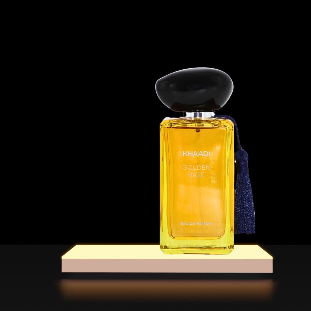 Golden Haze Eau de Parfum spray by Khaadi, 100ml bottle, with elegant gold accents and luxurious fragrance packaging.