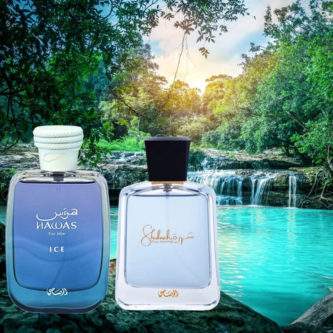 Rasasi Hawas Ice 100ml and Shuhrah for Men 90ml Eau de Parfum sprays in a bundle, featuring sleek bottles with elegant designs.