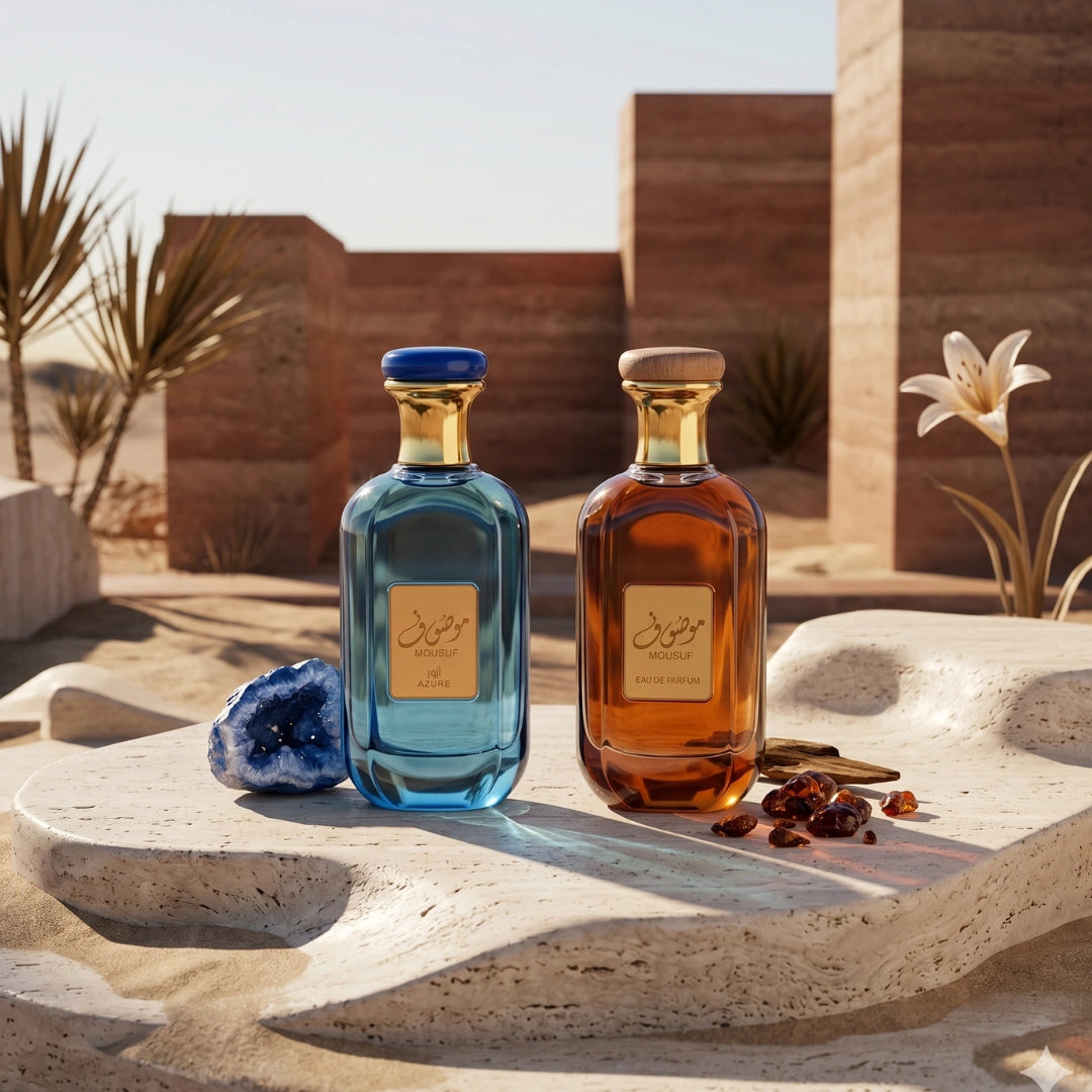 Bundle of Ard Al Zaafaran Mousuf & Mousaf Azure Eau de Parfum sprays, featuring two 100ml bottles with elegant packaging.