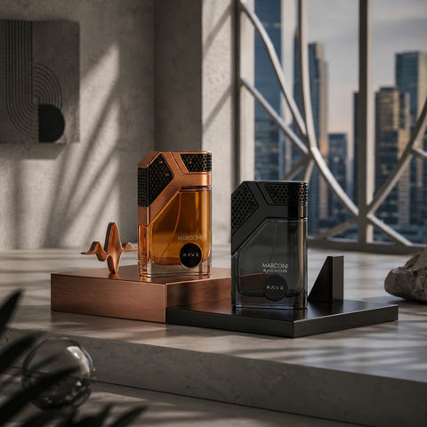 RAVE Marconi & Marconi Black Intense Eau de Parfum bundle with two 100ml spray bottles, sleek black packaging, and elegant design.