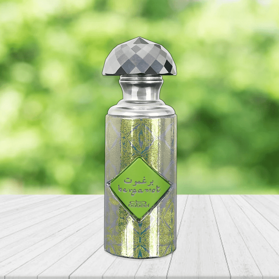 Nabeel Bergamot Perfume Oil in 15 ML CPO bottle, featuring a clear glass container with a black cap and a label displaying product details.