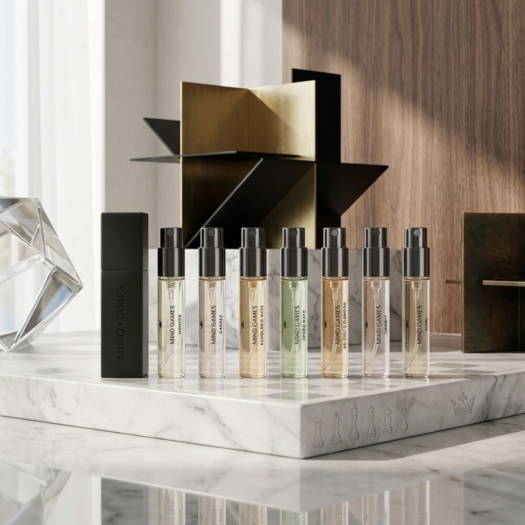 Mind Games Olfactive Woody 7-piece discovery set with seven 7.5ml perfume samples in a sleek collection box.