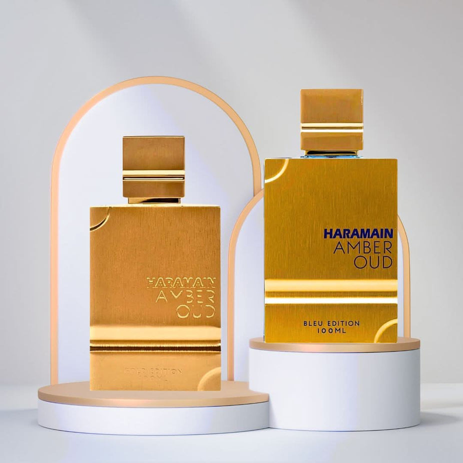 Al Haramain Amber Oud Gold and Bleu Edition Eau de Parfum sprays in 100ml bundle, featuring luxurious fragrance bottles.