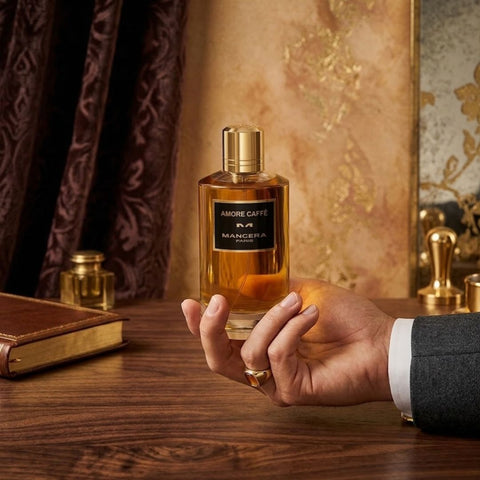 Mancera Amore Caffè Eau de Parfum spray bottle, 120ml, with elegant black and gold design, showcasing the fragrance's luxurious packaging.
