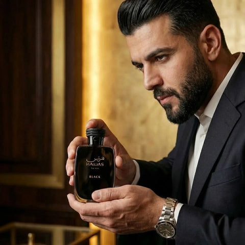 Hawas Black Eau de Parfum spray by Rasasi, 100ml, with sleek black bottle and elegant design.