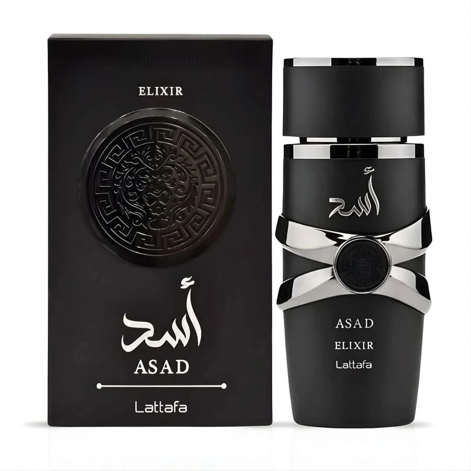 Bundle of three 100ml Eau de Parfum sprays including Hawas Ice by Rasasi, La Passion Blue by Intense Elite, and Asad Elixir by Lattafa.
