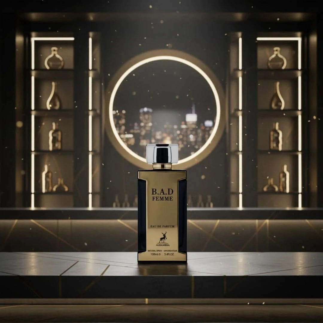 Maison Alhambra B.A.D. Femme Eau de Parfum spray 100ml bottle with elegant packaging, showcasing the perfume design.