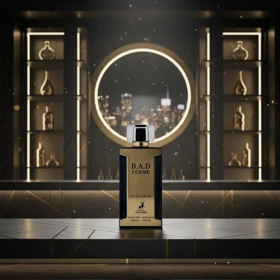 Maison Alhambra B.A.D. Femme Eau de Parfum spray 100ml, elegant bottle with floral and woody notes, luxurious fragrance.