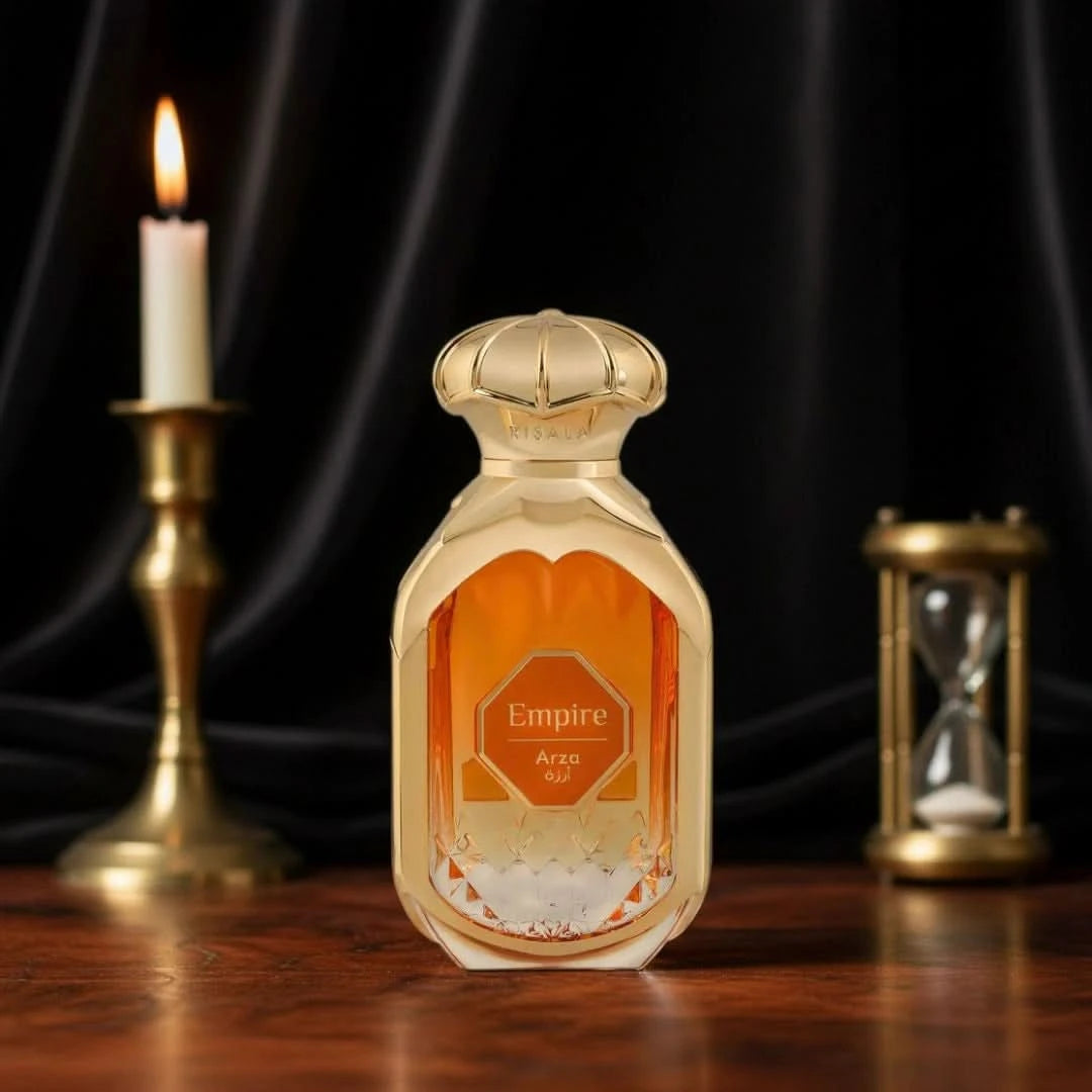 RISALA Empire Arza Eau de Parfum Spray 100ml in a velvet pouch, featuring a sleek glass bottle with elegant fragrance details.
