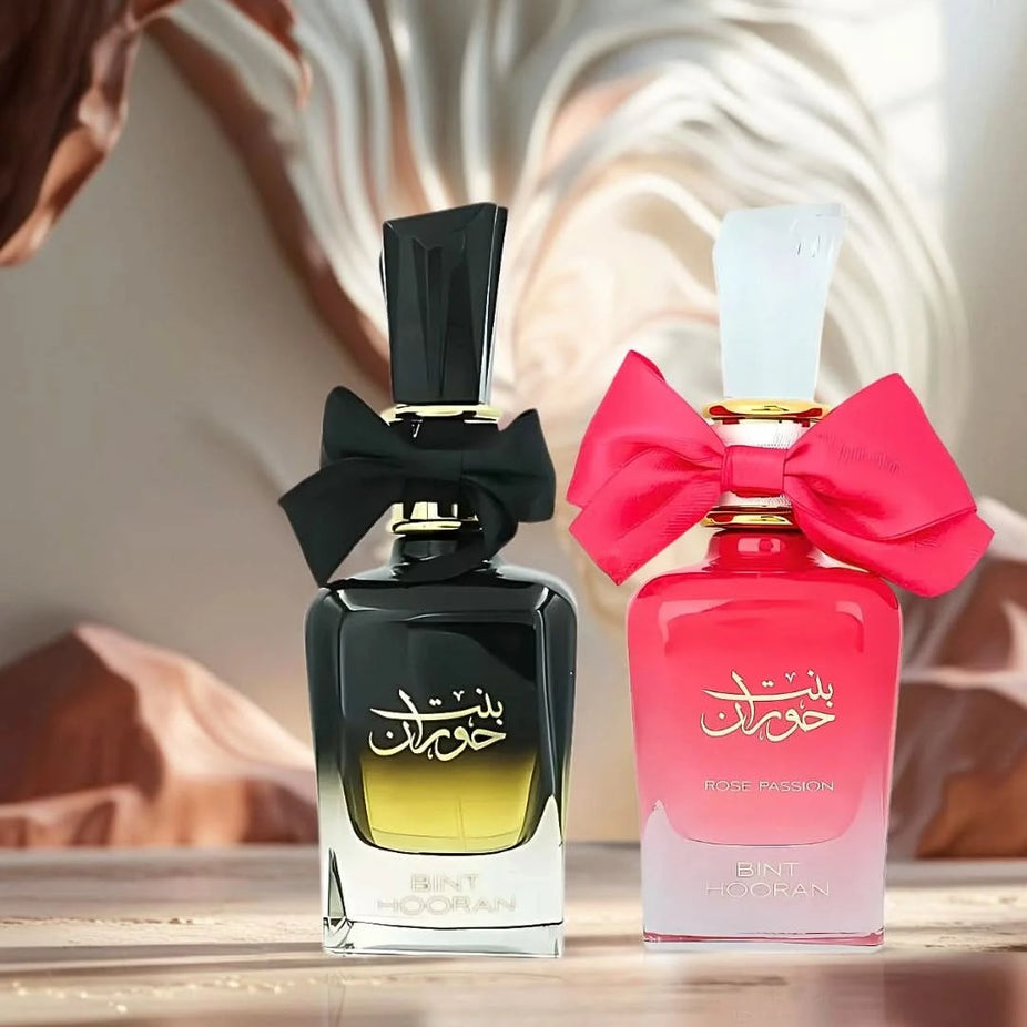Bundle of two Ard Al Zaafaran Bint Hooran & Rose Passion Eau de Parfum sprays in 100ml bottles, featuring floral fragrance packaging.