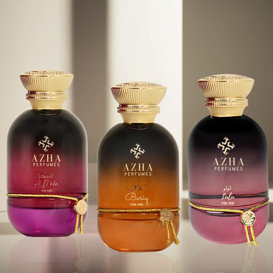Azha Bariq, Lulu & Al Maha for Her Eau De Parfum Spray collection, 100ml bottles, featuring elegant perfume packaging.