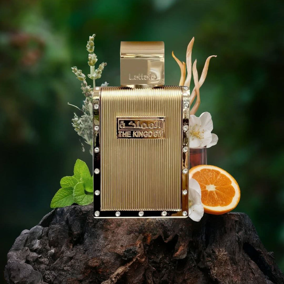 Lattafa The Kingdom for Men Eau De Parfum spray bottle, 100ml, with elegant packaging and dark-colored cap.