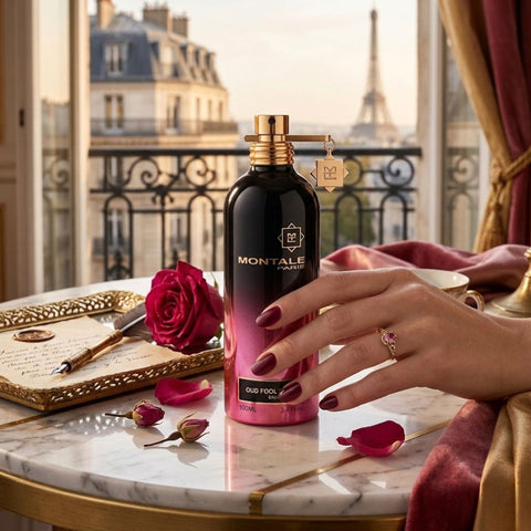 Montale Oud Fool Roses Eau de Parfum spray bottle, 100ml, with elegant packaging and floral-woody fragrance design.