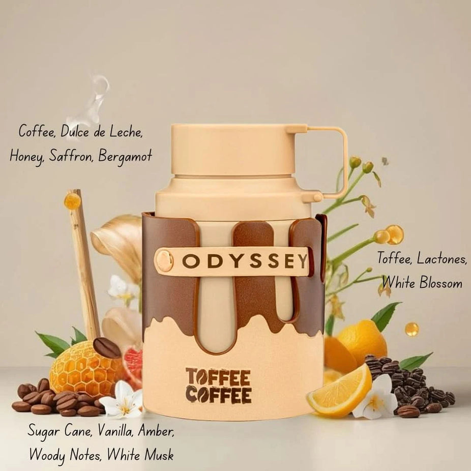 Armaf Odyssey Eau de Parfum Spray bundle featuring Marshmallow, Candee, Dubai Chocolat, Toffee Coffee, and Black Forest scents in 100ml bottles.