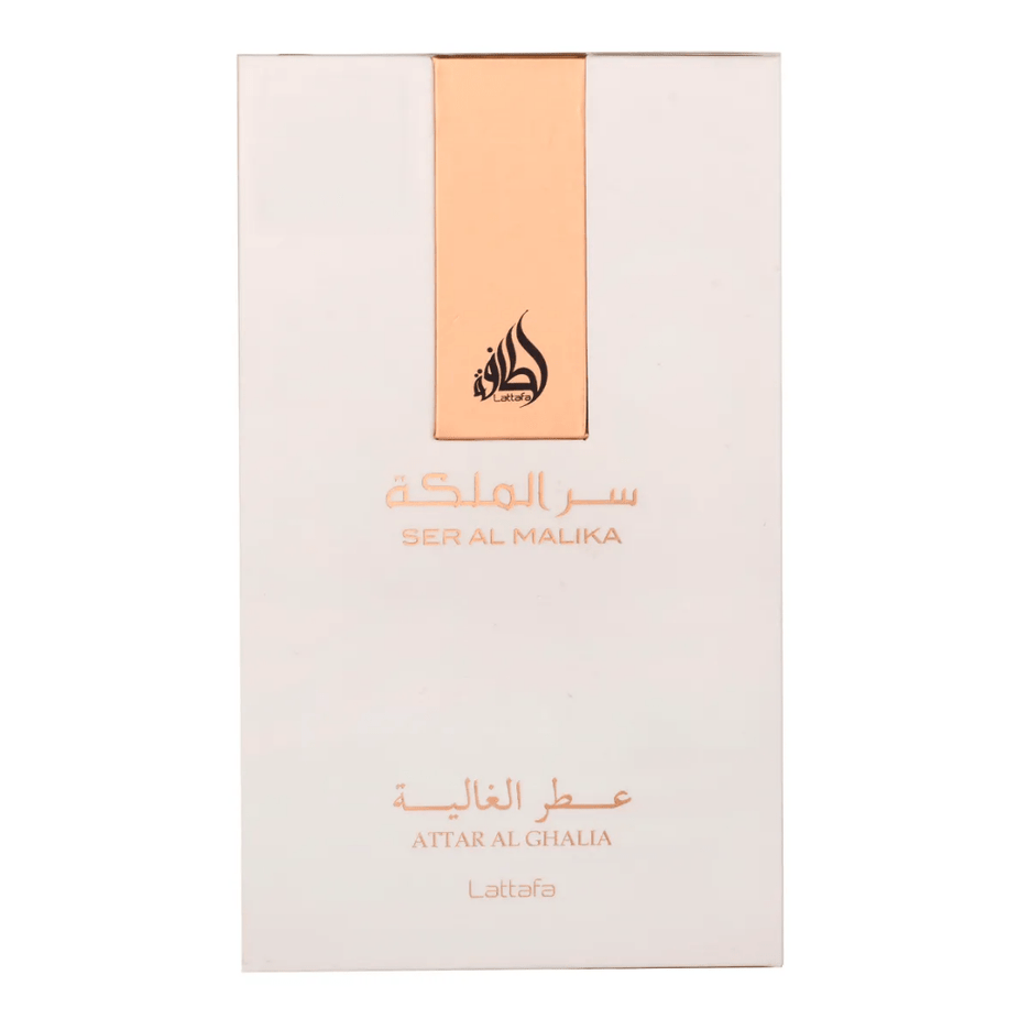 Lattafa Ser Al Malika Attar Al Ghalia EDP 100ML perfume bottle with elegant gold and floral design.